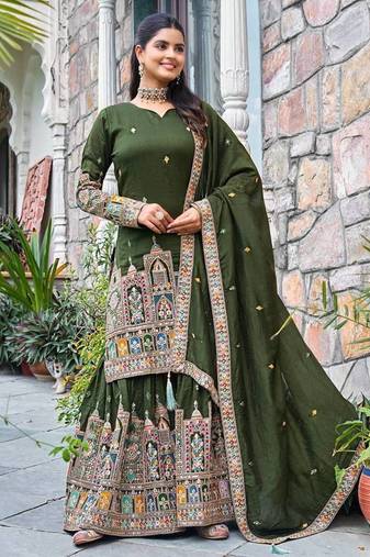 Green colour chinnon silk embroidery work fully stitched sharara suit