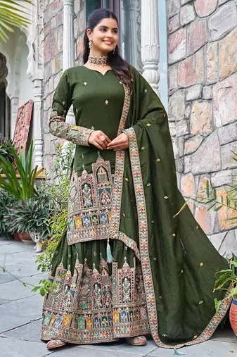 Green colour chinnon silk embroidery work fully stitched sharara suit