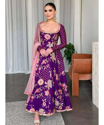 Purple georgette fabric digital print with embroidery work fully stitched gown 1