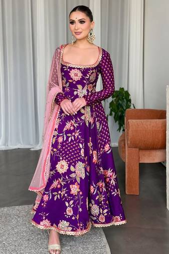 Purple colour georgette fabric digital print with embroidery work fully stitched gown