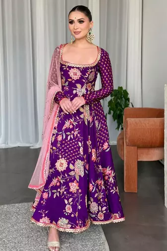 Purple colour georgette fabric digital print with embroidery work fully stitched gown