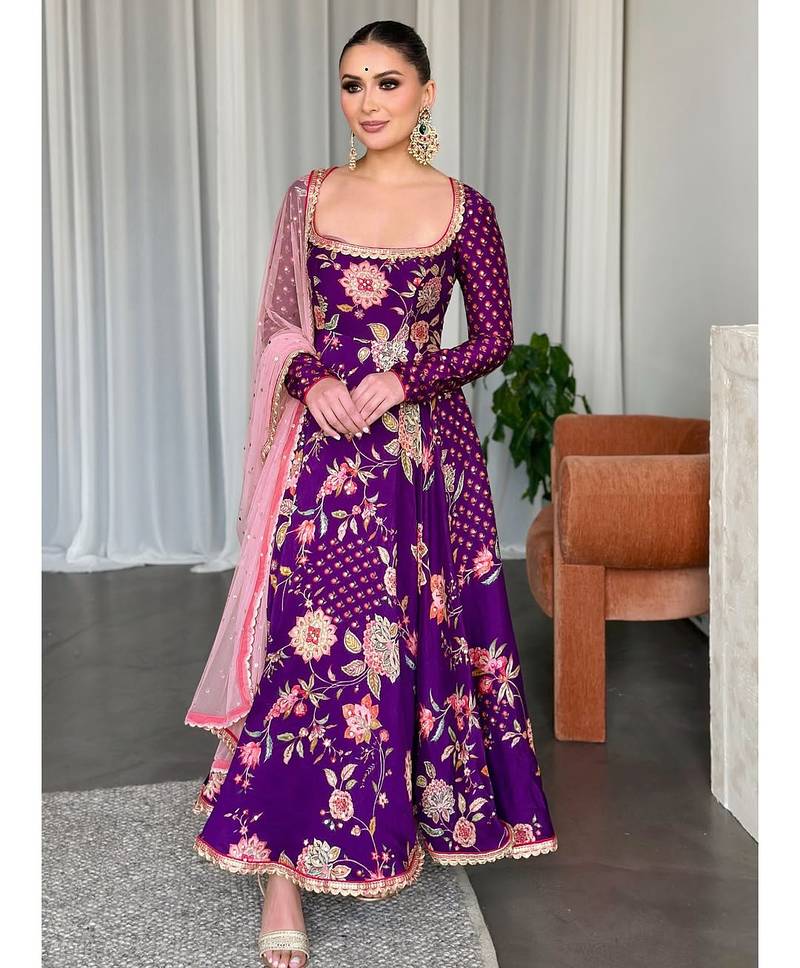 Purple colour georgette fabric digital print with embroidery work fully stitched gown
