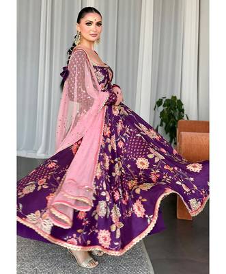 Purple georgette fabric digital print with embroidery work fully stitched gown 2