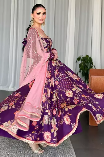 Purple georgette fabric digital print with embroidery work fully stitched gown