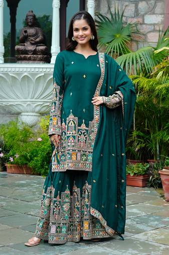Teal colour chinnon silk embroidery work fully stitched sharara suit