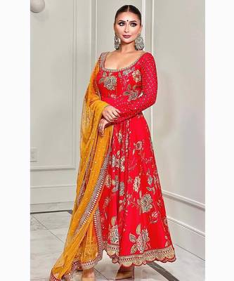 Red georgette fabric digital print with embroidery work fully stitched gown 1