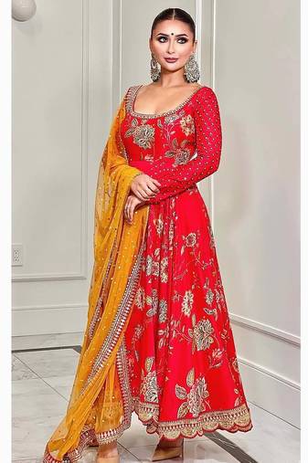Red colour georgette fabric digital print with embroidery work fully stitched gown