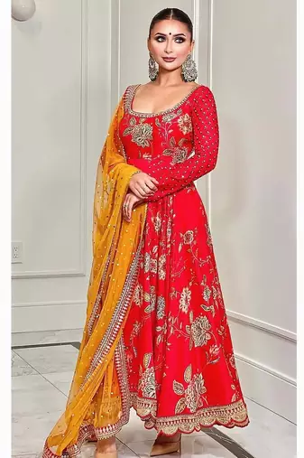 Red colour georgette fabric digital print with embroidery work fully stitched gown