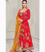 Red colour georgette fabric digital print with embroidery work fully stitched gown