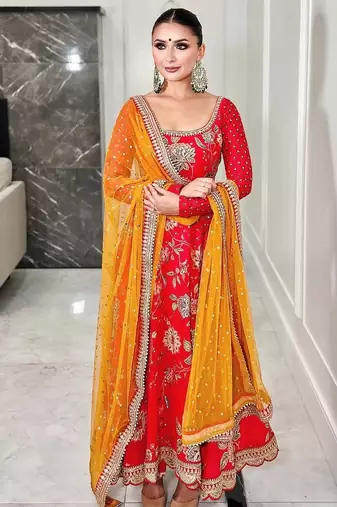 Red georgette fabric digital print with embroidery work fully stitched gown