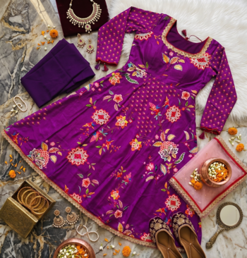 Purple Georgette Digital Print Embroidery Stitched Gown 4