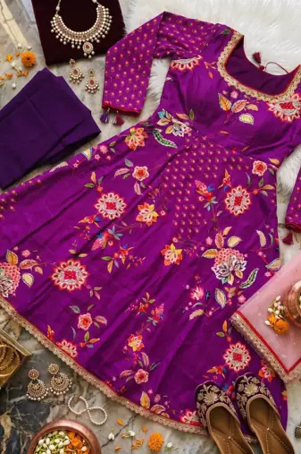 Purple Georgette Digital Print Embroidery Stitched Gown