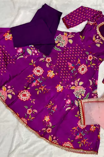 Purple Georgette Digital Print Embroidery Stitched Gown