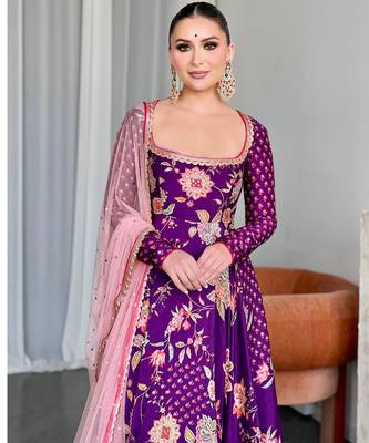 Purple georgette fabric digital print with embroidery work fully stitched gown 4