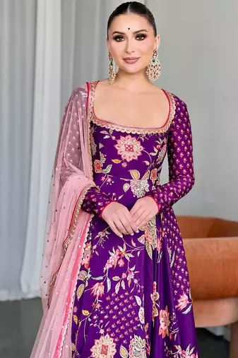 Purple georgette fabric digital print with embroidery work fully stitched gown