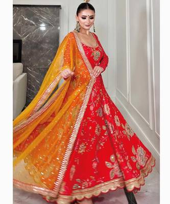Red georgette fabric digital print with embroidery work fully stitched gown 3