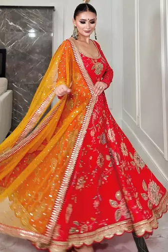 Red georgette fabric digital print with embroidery work fully stitched gown