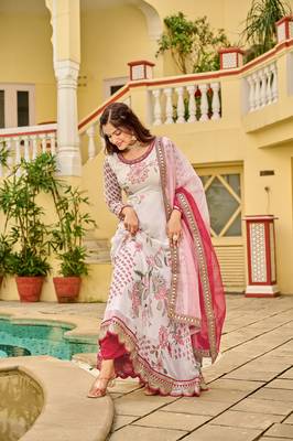 Cream Chinnon fabric digital print with embroidery work fully gown 1