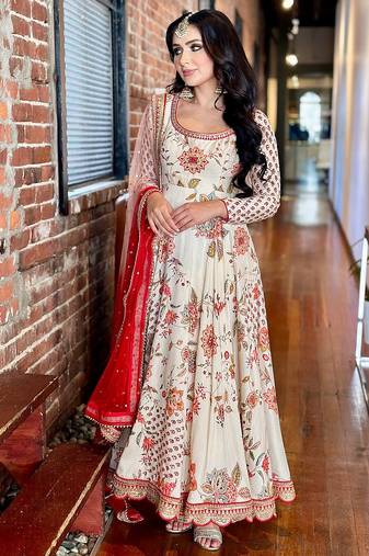 Cream colour georgette fabric digital print with embroidery work fully stitched gown