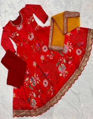 Red georgette fabric digital print with embroidery work fully stitched gown 4
