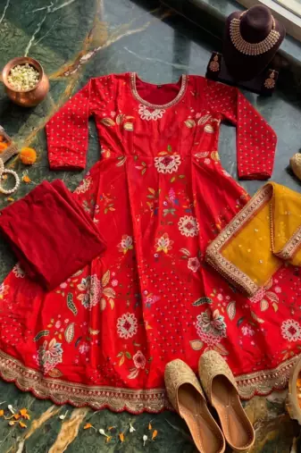Red georgette fabric digital print with embroidery work fully stitched gown