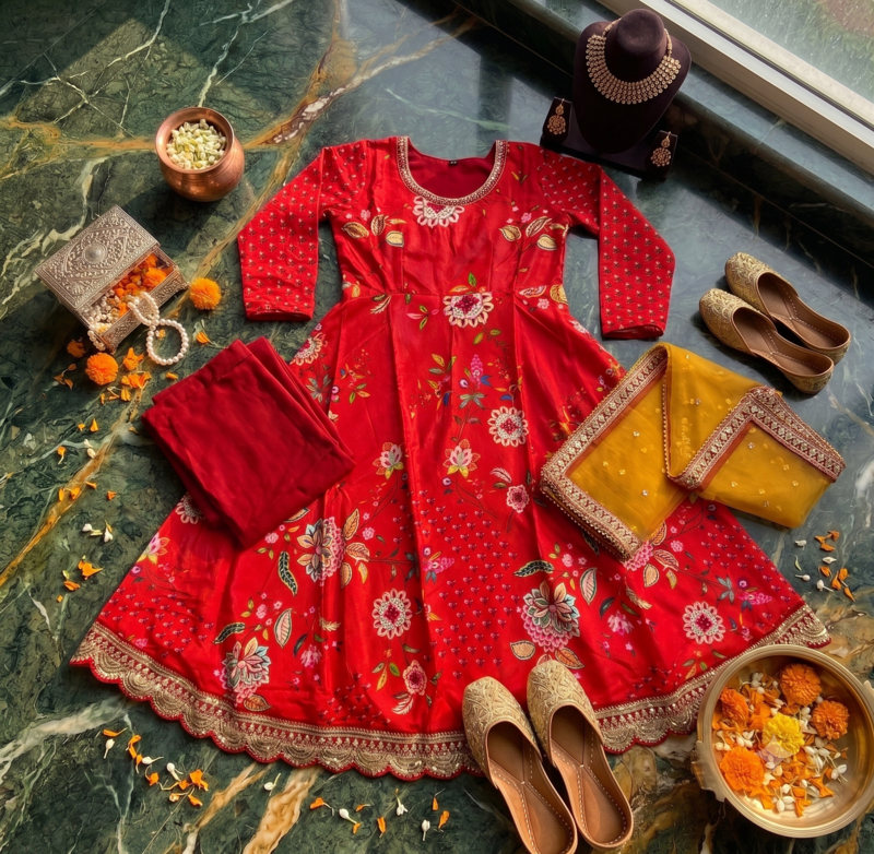Red georgette fabric digital print with embroidery work fully stitched gown