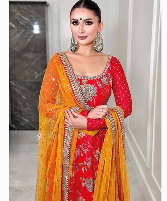 Red georgette fabric digital print with embroidery work fully stitched gown 4