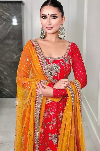 Red georgette fabric digital print with embroidery work fully stitched gown