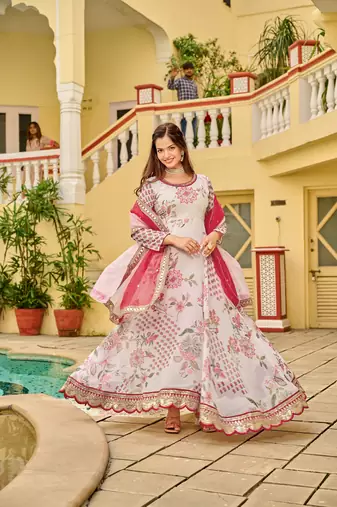 Cream Chinnon fabric digital print with embroidery work fully gown