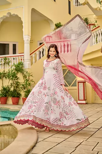 Cream Chinnon fabric digital print with embroidery work fully gown