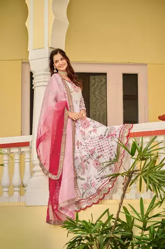 Cream Chinnon fabric digital print with embroidery work fully gown