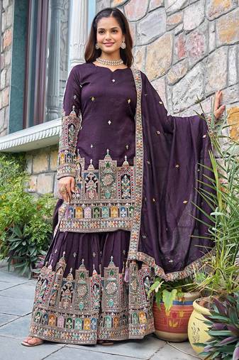 Wine colour chinnon silk embroidery work fully stitched sharara suit