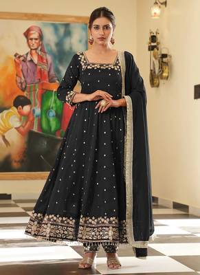 Black vichitra silk embroidery work fully gown 1
