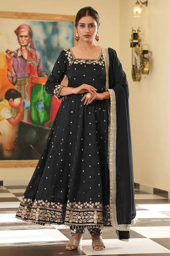 Black colour vichitra silk embroidery work fully stitched gown