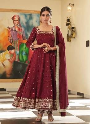 Maroon colour vichitra silk embroidery work fully stitched gown 1