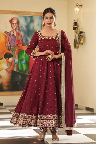 Maroon colour vichitra silk embroidery work fully stitched gown