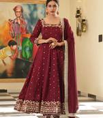 Maroon colour vichitra silk embroidery work fully stitched gown