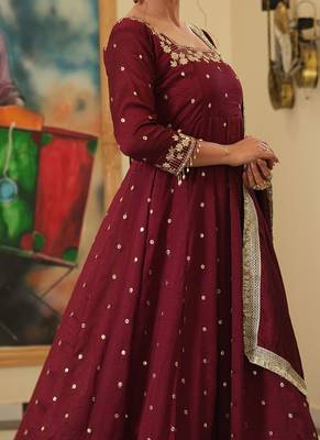 Maroon colour vichitra silk embroidery work fully stitched gown 3