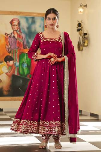 Rani colour vichitra silk embroidery work fully stitched gown