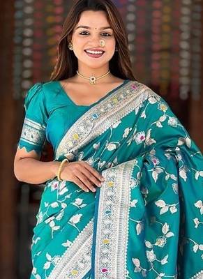Peacock Blue Color Banarasi Silk Meenakari Design Saree 1