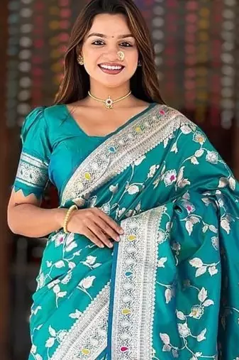 Peacock Blue Color Banarasi Silk Meenakari Design Saree