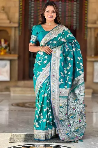 Peacock Blue Color Banarasi Silk Meenakari Design Saree