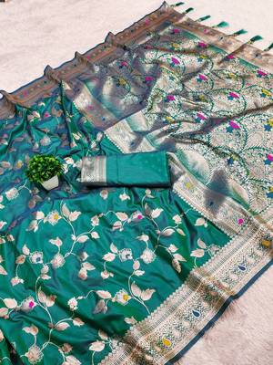 Peacock Blue Color Banarasi Silk Meenakari Design Saree 3