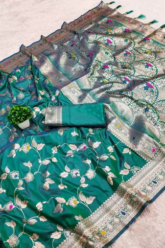 Peacock Blue Color Banarasi Silk Meenakari Design Saree