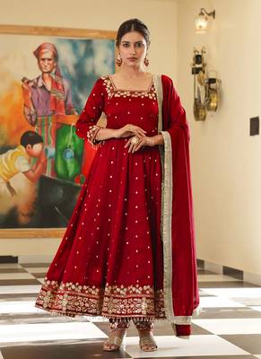 Red colour vichitra silk embroidery work fully  gown 1