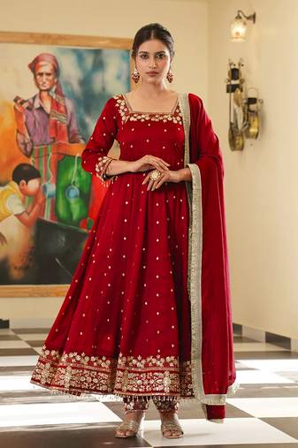 Red colour vichitra silk embroidery work fully stitched gown