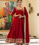 Red colour vichitra silk embroidery work fully stitched gown