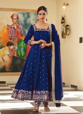 Royal blue colour vichitra silk embroidery work fully  gown 1