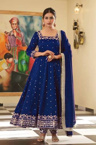 Royal blue colour vichitra silk embroidery work fully stitched gown