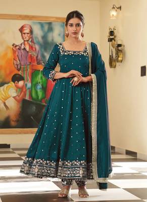 Teal colour vichitra silk embroidery work fully  gown 1